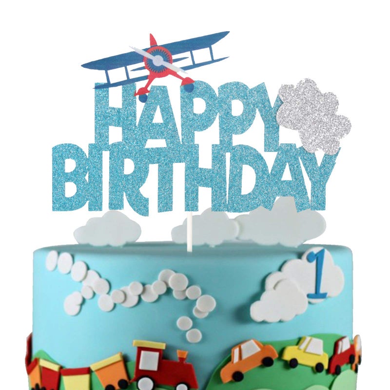 LILIPARTY Airplane Happy Birthday Cake Topper First Birthday Party Decoration Travel Theme Kids Birthday Party Supplies - Image 1